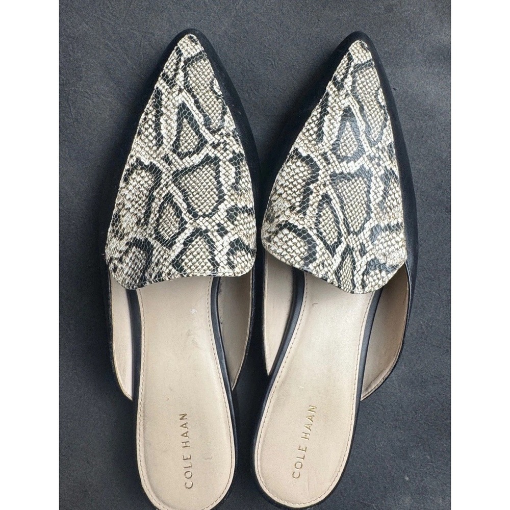 Cole Haan Womens 11B Snakeskin Mules Black Cream Pointed Toe Leather Loafers